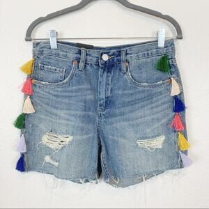 Blank NYC Women's Rainbow Tassel High Rise Ripped Boho Festival Shorts sz 26